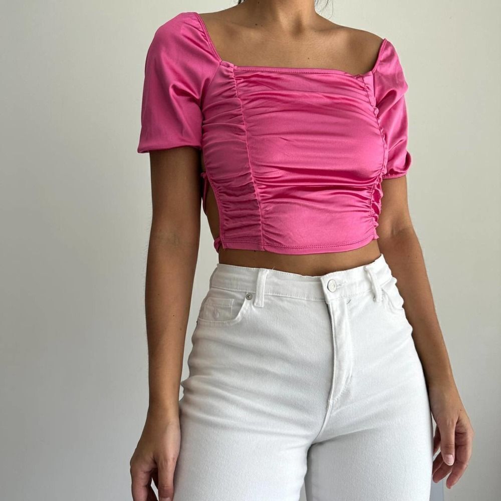 NEW Hot pink metallic barbie lace up crop top